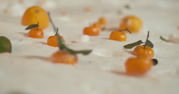 Tangerines Green Leaves Lie Snow Slow Motion — Stock Video