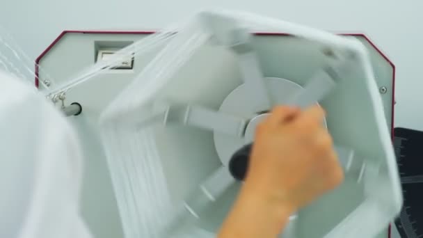 Closeup Polymer Thread Winding Wheel Process Winding Slow Motion — Vídeo de stock