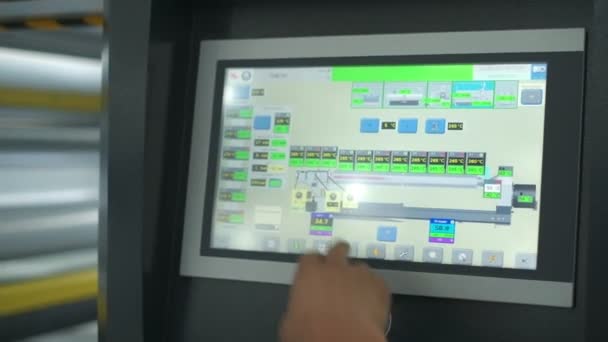 Closeup Operator Taps Monitor Production Machine Slow Motion — Stockvideo