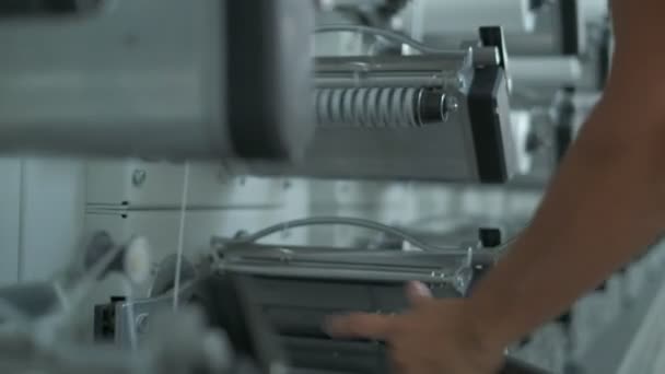 Operator Works Polymer Thread Winding Machine Slow Motion — Vídeo de stock