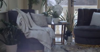 Corner of leaving room with two dark violet armchairs and round coffee table on which plants in pots and books are placed. There are a lot of evergreen plants in the pots in other places. Glass door