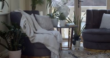 Corner of leaving room with two dark violet armchairs and round coffee table on which plants in pots and books are placed. There are a lot of evergreen plants in the pots in other places. Glass door