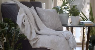 Corner of leaving room with two dark violet armchairs and round coffee table on which plants in pots and books are placed. There are a lot of evergreen plants in the pots in other places. Glass door