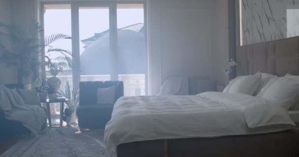 Bedroom Filled Soft Natural Light Big Glass Door Balcony Large — Stock video