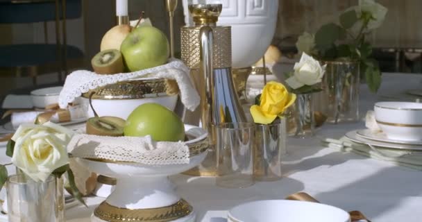 Close Dinner Table Full Dishes Glassware Dishes White Gold Borders — Stok video