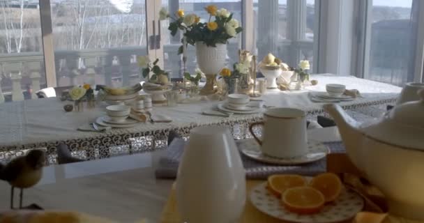 Close Dinner Table Full Dishes Glassware Dishes White Gold Borders — Video