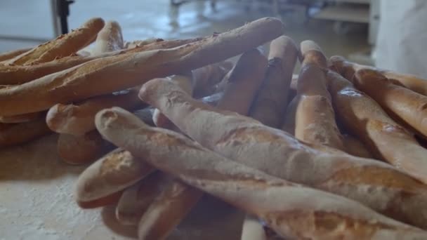 Fresh Baked Long Baguette Breads Lie Wooden Table Sprinkled Flour — Stok Video