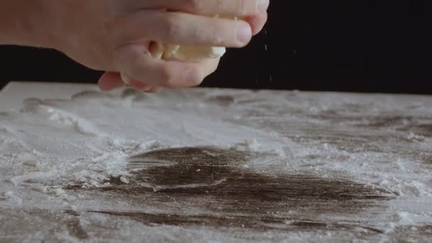 Male Hands Divide Baking Dough Three Equal Shares Wooden Board — Stockvideo