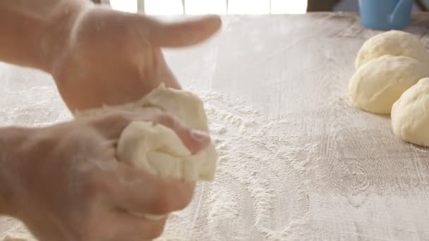 Male Hands Divide Baking Dough Three Equal Shares Wooden Board — Vídeo de Stock