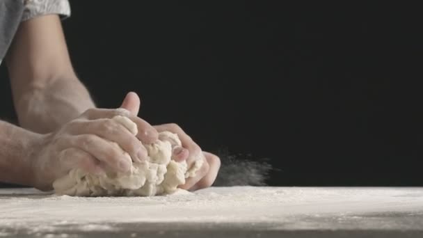 Male Hands Divide Baking Dough Three Equal Shares Wooden Board — Wideo stockowe