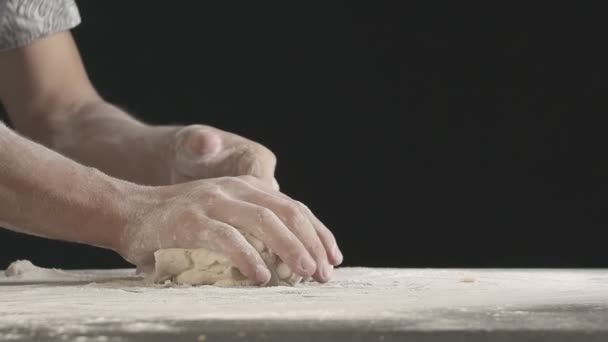 Male Hands Divide Baking Dough Three Equal Shares Wooden Board — Stock video