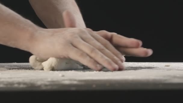 Male Hands Divide Baking Dough Three Equal Shares Wooden Board — Vídeo de stock
