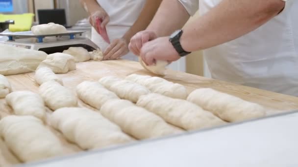 Three Bakers Camera Filming Hands Work Bakery Dough One Them — Video