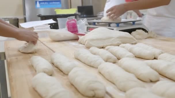 Three Bakers Camera Filming Hands Work Bakery Dough One Them — Wideo stockowe