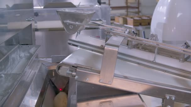 Dough Pieces Working Conveyor Line Dough Machine Bakery Slow Motion — Vídeos de Stock