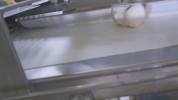 Dough Pieces Working Conveyor Line Dough Machine Bakery Slow Motion — Vídeos de Stock