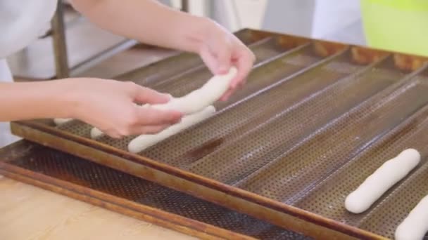 Ready Bake Pieces Dough Placed Big Baking Sheet Bakery Slow — Stok Video