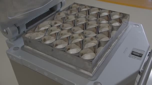 Пекарь Формирует Муку Использованием Металлических Форм Прессе Тестовой Машины Медленное — стоковое видео
