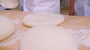 Close-up of dough kneaded by baker on a wooden board sprinkled with flour. Slow motion