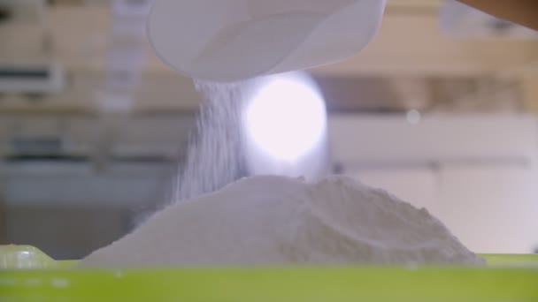Pouring Flour Plastic Tray Bread Factory — Video Stock