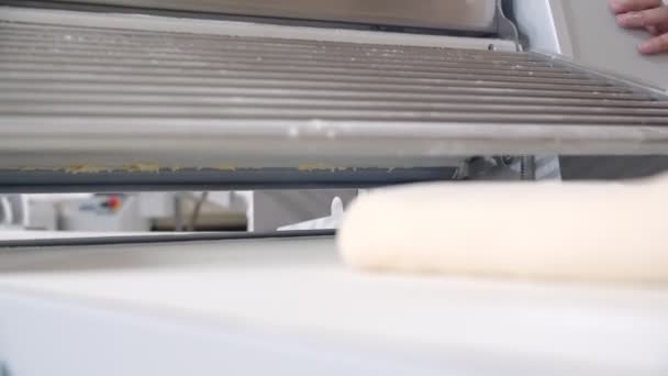 Close Piece Dough Bakery Dough Rolling Machine Slow Motion — Stok video