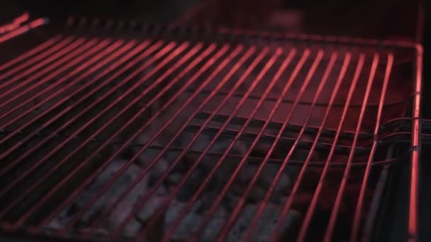 Close Raw Big Stake Put Already Cooled Grill Filmed Red — Vídeo de Stock