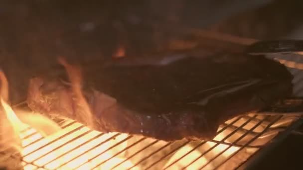 Close Big Stake Grilled Big Open Fire Turned Tongs Slow — Stockvideo