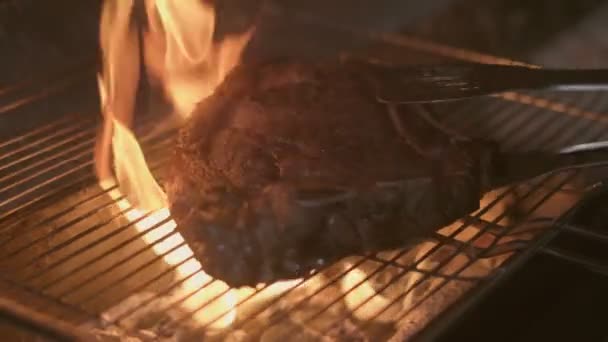 Close Big Stake Grilled Big Open Fire Turned Tongs Slow — Wideo stockowe