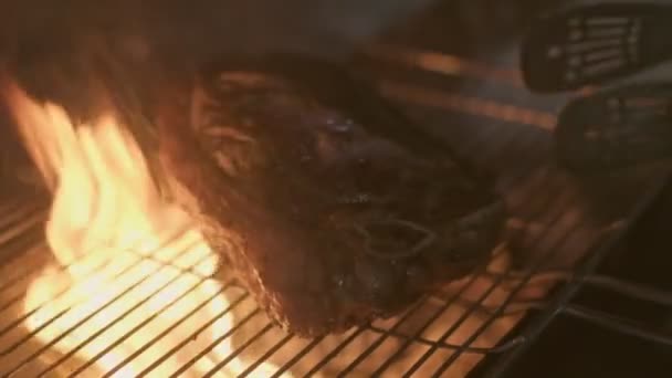 Close Big Stake Grilled Big Open Fire Turned Tongs Slow — Video Stock