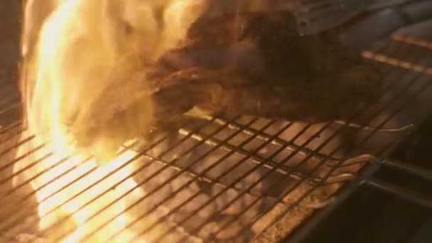 Close Big Stake Grilled Big Open Fire Turned Tongs Slow — Stock videók