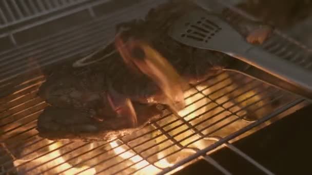 Close Big Stake Grilled Big Open Fire Turned Tongs Slow — Vídeo de Stock