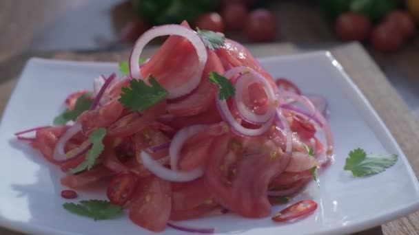 Close Fresh Salad Made Red Cabbige Tomatoes Onions Basil Arugula — Video