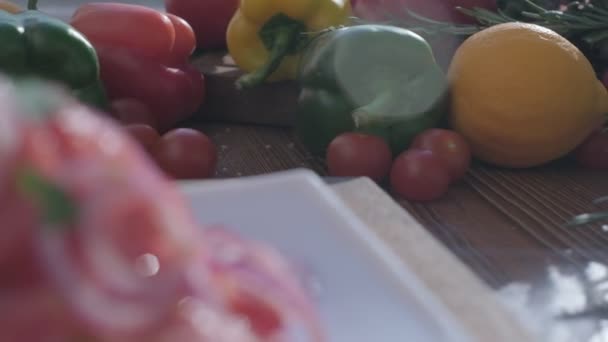 Close Camera Moves Fresh Veggies Greens Including Red Green Yellow — Stockvideo