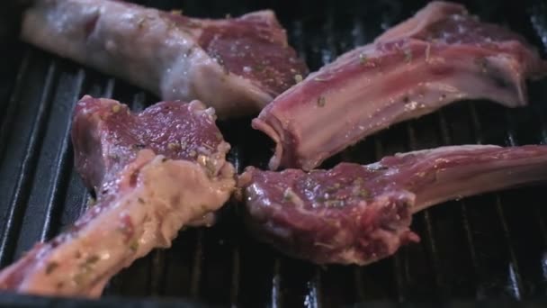 Close Still Raw Lamb Ribs Spices Grilled Slow Motion — Video Stock
