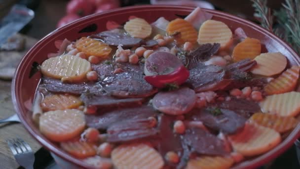 Close National Kazakh Dish Beshbarmak Made Veggies Dough Horsemeat Served — Video