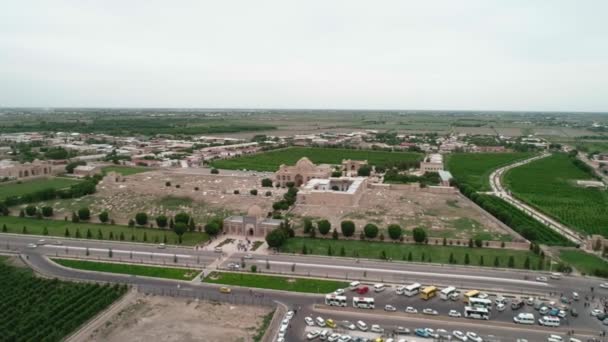 Panorama Bahouddin Naqshband Memorial Complex Bukhara Filmed Drone Cam Cloudy — Stockvideo