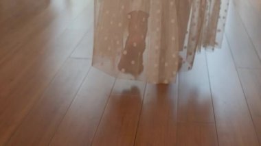 A young woman walks barefoot on the parquet in a sunny room. Slow motion.