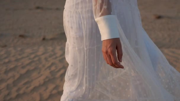 Young Woman White Dress Barefoot Walking Desert Sand Slow Motion — Stock Video
