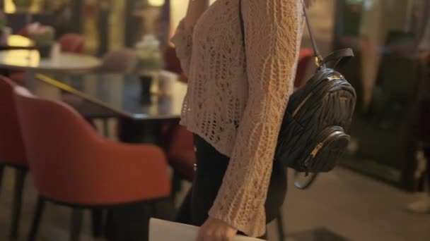 Young Beautiful Woman Walks Alone Brightly Lit Night Street — Stockvideo