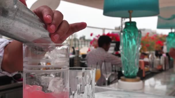 Barman Puts Ice Coctail Shaker Wearing White Summer Shirt Doodles — Stockvideo