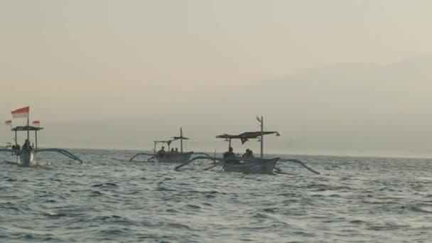 Asian White Double Outrigger Boats Blue Waters Windy Weather — Stock Video