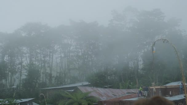 Asian Workers Roof Front Tropical Forest Misty Rainy Weather Slow — Vídeo de stock
