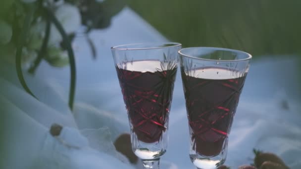 Çilekli Beyaz Güllerin Arka Planında Kırmızı Şarap Olan Iki Düğün — Stok video