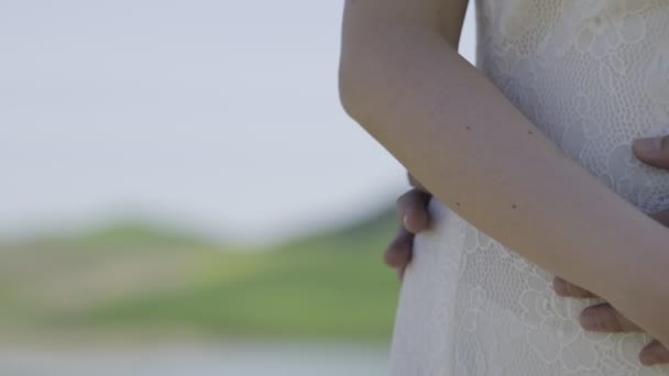 Man Holds His Hand Womans Belly Newlyweds Close Slow Motion — Stock Video