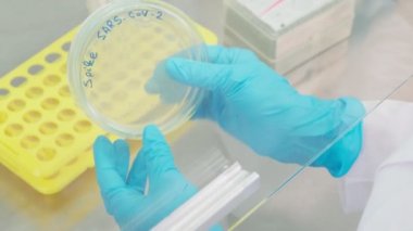 Covid vaccine samples in the round containers, slow motion