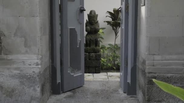 Eastern Religious Mossy Statue Standing Wall Winter Garden Surrounded Tropical — Vídeos de Stock