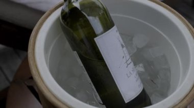 A bottle of wine in ice on a background of a couch covered with exotic flower petals. Slow motion.