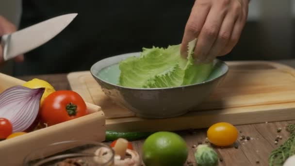 Professional Chef Prepares Washes Cabbage Leaves Slow Motion — Stock Video