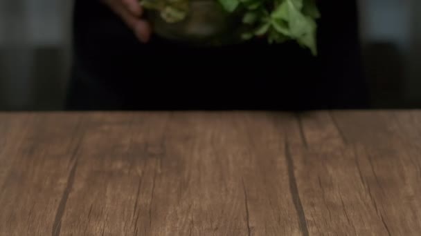 Male Hands Put Bowl Greens Broccoli Cilantro Mint Etc Table — Vídeo de Stock