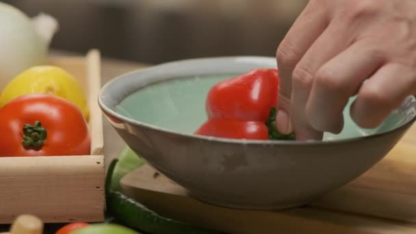 Professional Chef Prepares Cuts Red Bell Pepper Close Slow Motion — ストック動画